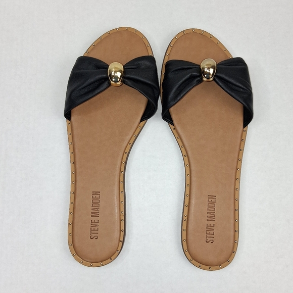 Steve Madden Dipsy Black Leather Slide On Sandals - Picture 4 of 5